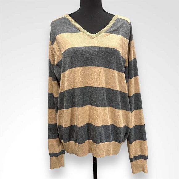 GANT Cotton Cashmere V-Neck Pullover Sweater Jumper Tan Gray Stripe Men's Large - Picture 1 of 7